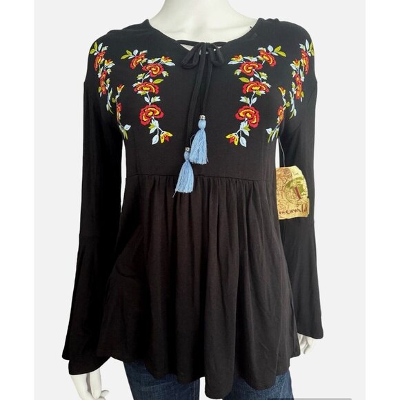 One World Floral Embroidered Boho Peasant Blouse Size S Taseled Bell Sleeve NEW - Picture 1 of 7